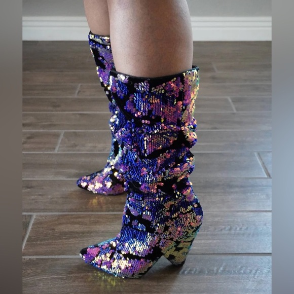 Bamboo Immerse Womens Sequin Velvet Boots Size 7.5 Multicolor Slouchy Block Heel - Picture 12 of 12